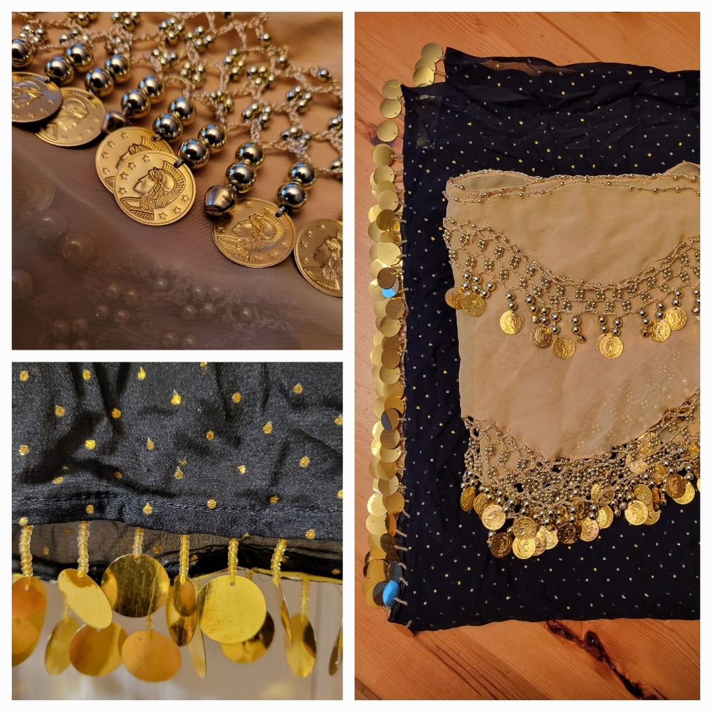Belly dance/ beledi bundle. Coin hip scarf, veil, gold & black